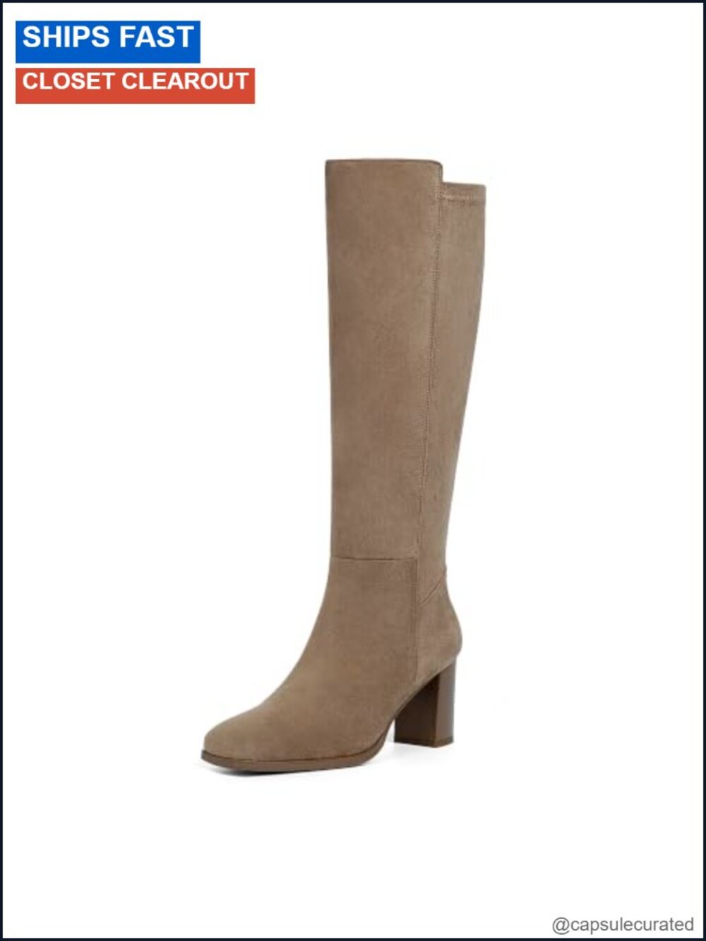 Knee High Boots Women Square Toe Chunky Heel Stretchy Faux Suede Side Zip